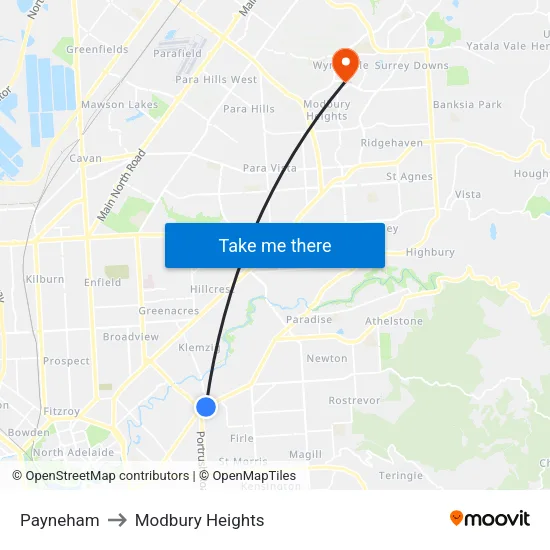 Payneham to Modbury Heights map