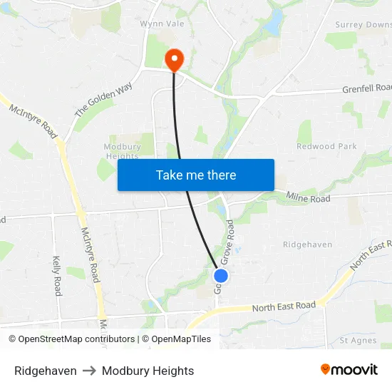 Ridgehaven to Modbury Heights map