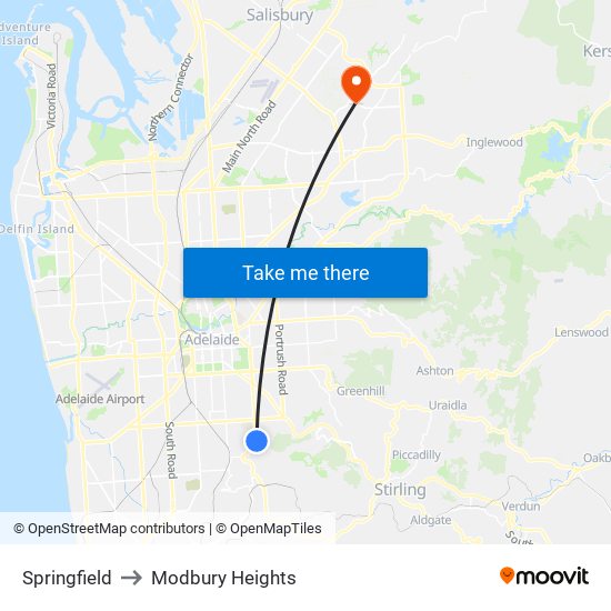 Springfield to Modbury Heights map