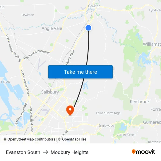Evanston South to Modbury Heights map