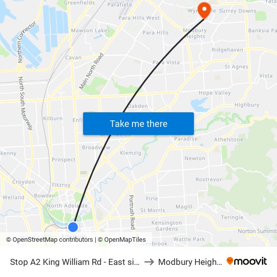 Stop A2 King William Rd - East side to Modbury Heights map