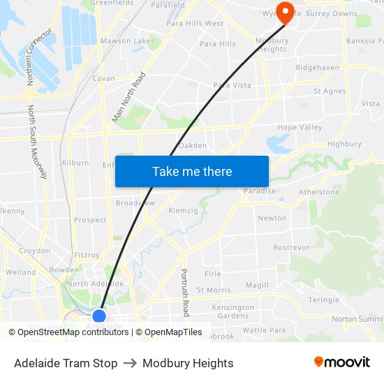 Adelaide Tram Stop to Modbury Heights map