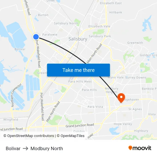 Bolivar to Modbury North map