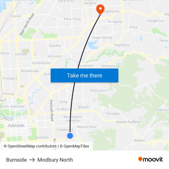 Burnside to Modbury North map