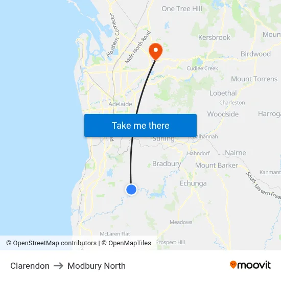 Clarendon to Modbury North map