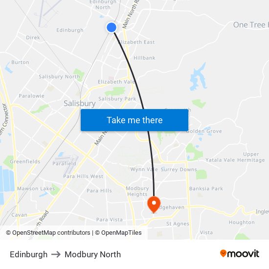 Edinburgh to Modbury North map