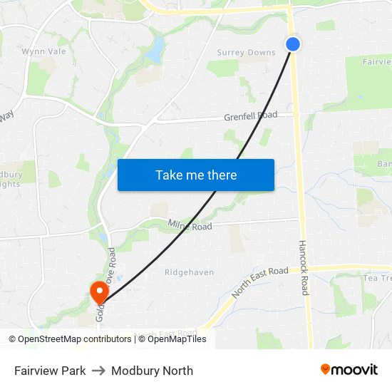 Fairview Park to Modbury North map