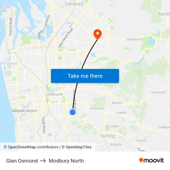 Glen Osmond to Modbury North map