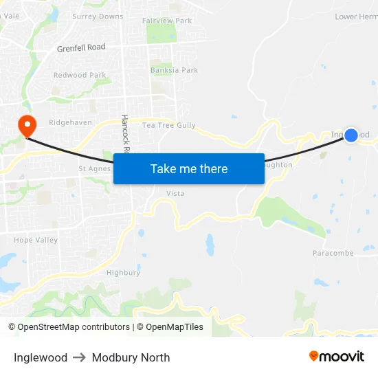 Inglewood to Modbury North map