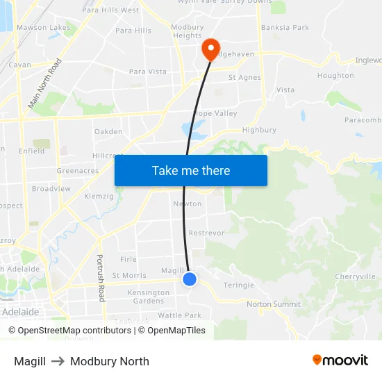 Magill to Modbury North map