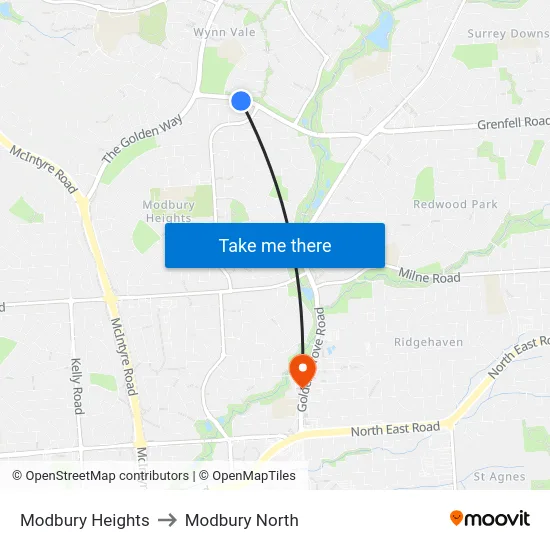 Modbury Heights to Modbury North map