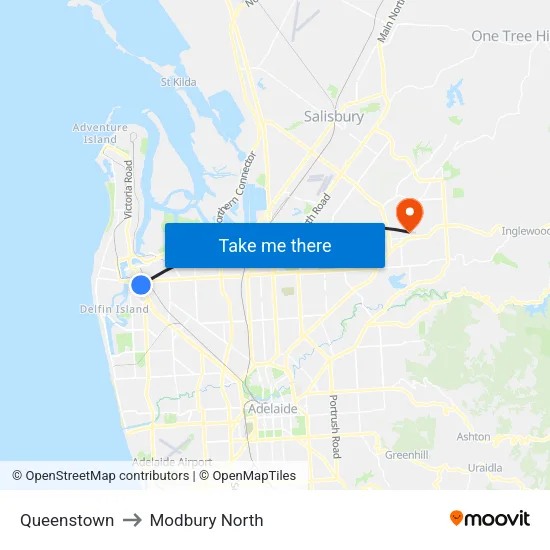 Queenstown to Modbury North map
