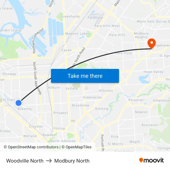 Woodville North to Modbury North map