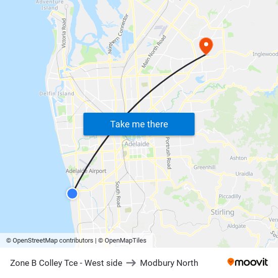 Zone B Glenelg Interchange - West side to Modbury North map