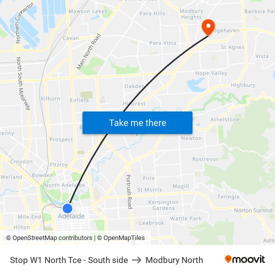 Stop W1 North Tce - South side to Modbury North map