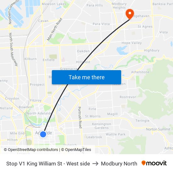 Stop V1 King William St - West side to Modbury North map