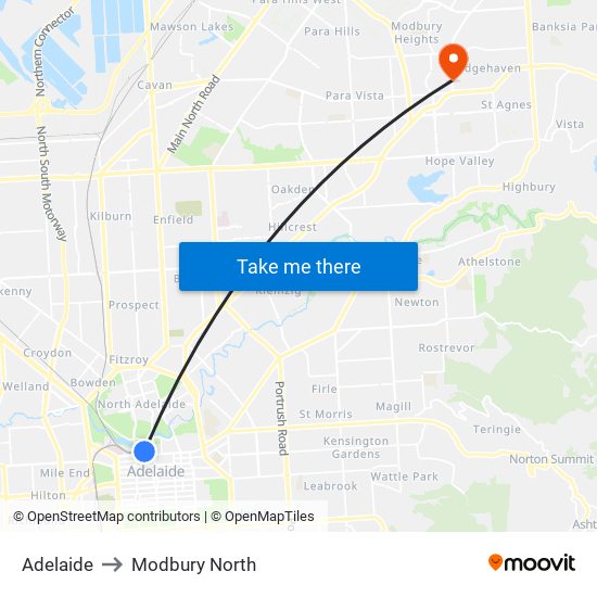 Adelaide to Modbury North map