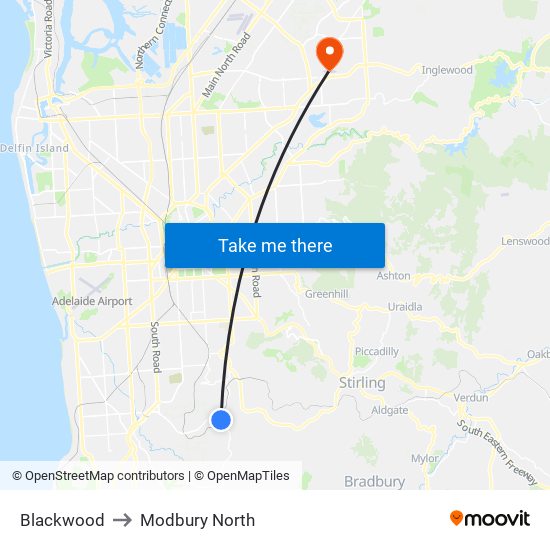 Blackwood to Modbury North map