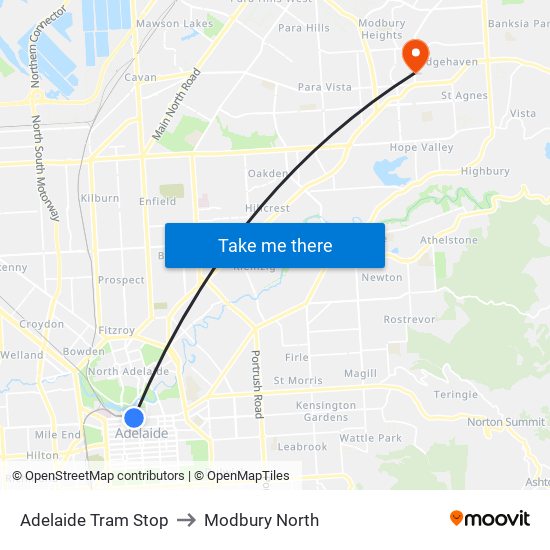 Adelaide Tram Stop to Modbury North map