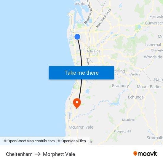 Cheltenham to Morphett Vale map