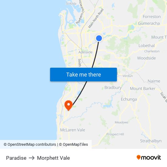 Paradise to Morphett Vale map