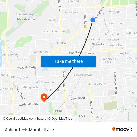 Ashford to Morphettville map