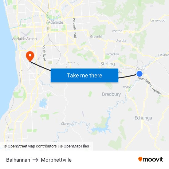 Balhannah to Morphettville map