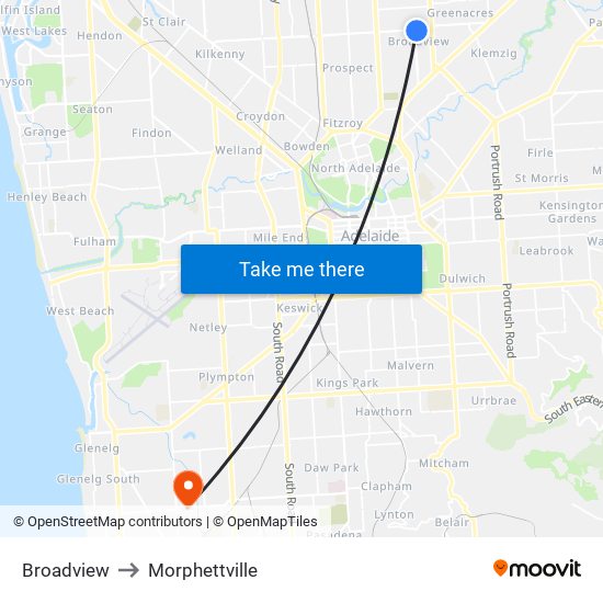 Broadview to Morphettville map