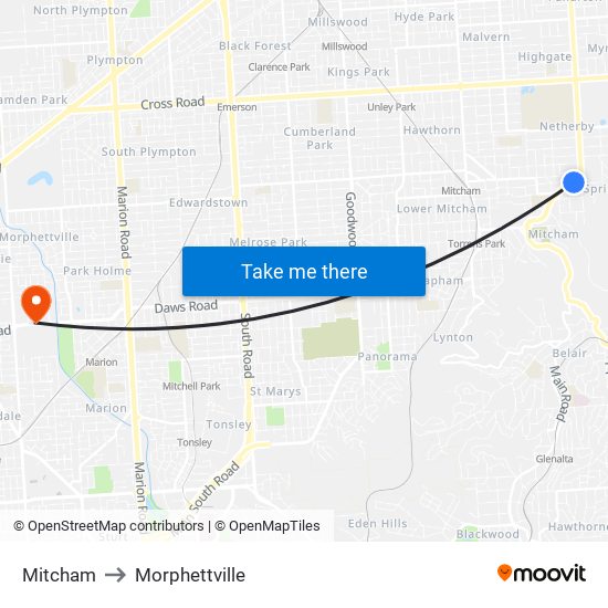 Mitcham to Morphettville map