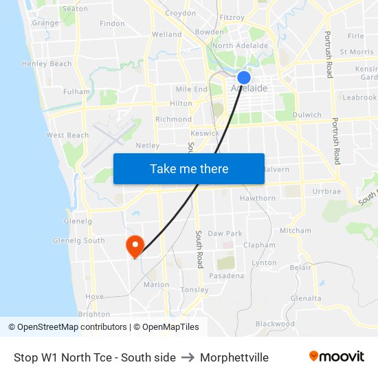 Stop W1 North Tce - South side to Morphettville map