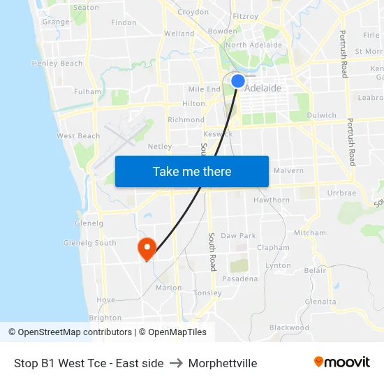 Stop B1 West Tce - East side to Morphettville map