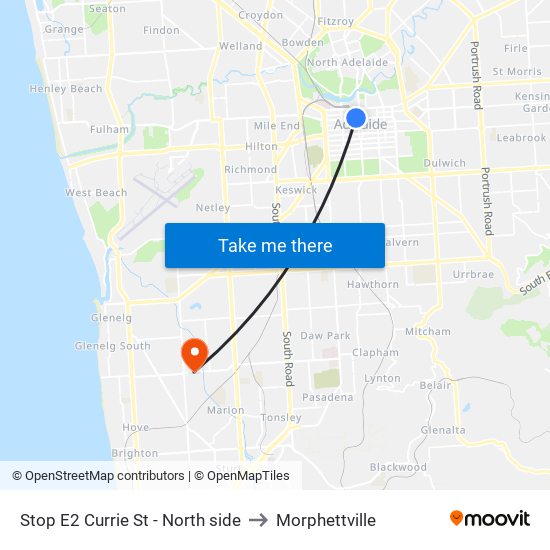 Stop E2 Currie St - North side to Morphettville map