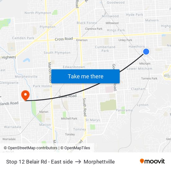 Stop 12 Belair Rd - East side to Morphettville map