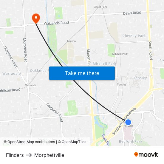 Flinders to Morphettville map