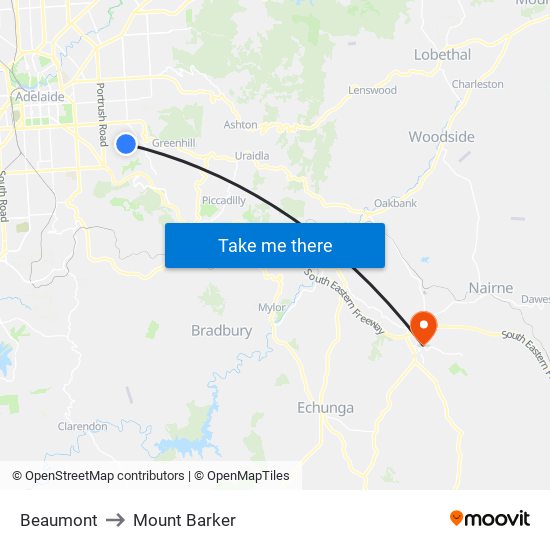 Beaumont to Mount Barker map