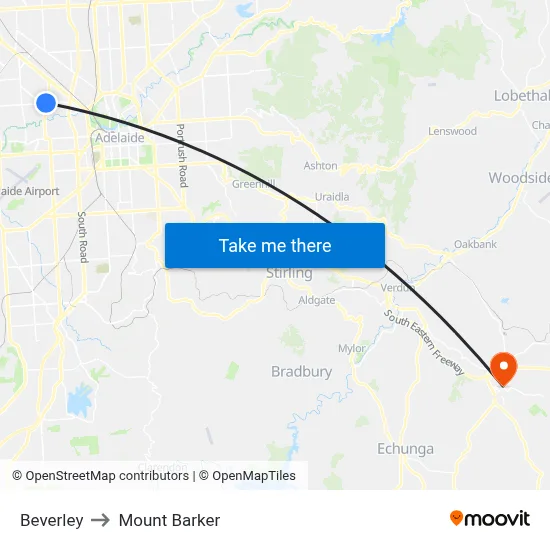 Beverley to Mount Barker map