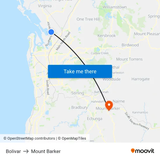 Bolivar to Mount Barker map