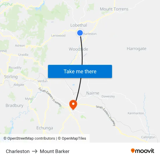 Charleston to Mount Barker map