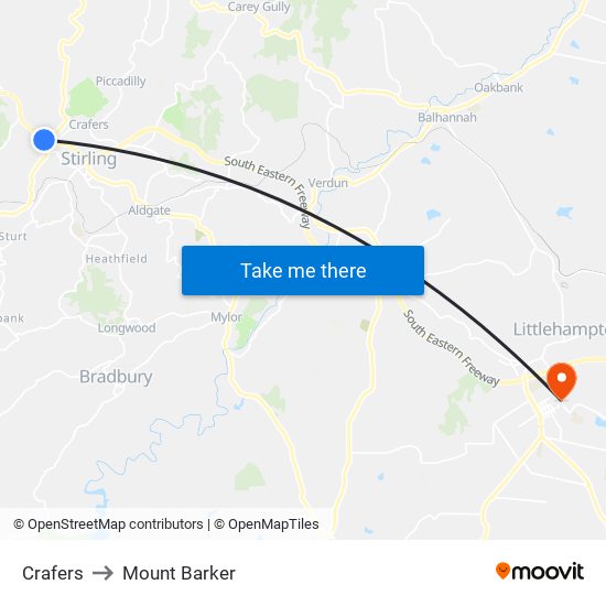 Crafers to Mount Barker map