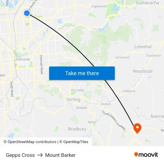 Gepps Cross to Mount Barker map
