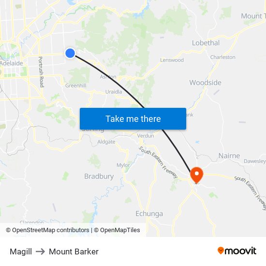 Magill to Mount Barker map