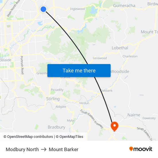 Modbury North to Mount Barker map