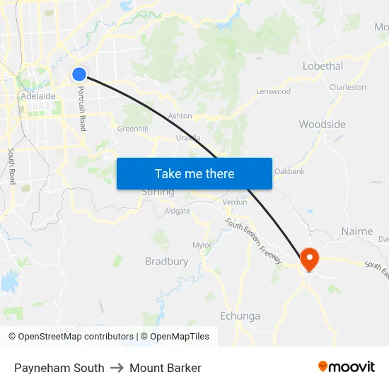 Payneham South to Mount Barker map