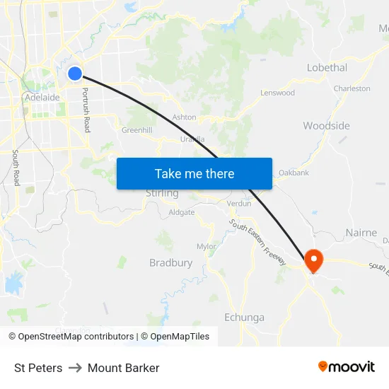 St Peters to Mount Barker map