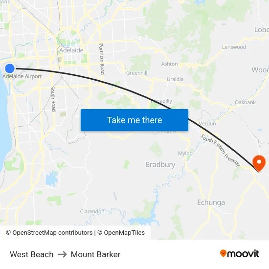 West Beach to Mount Barker map