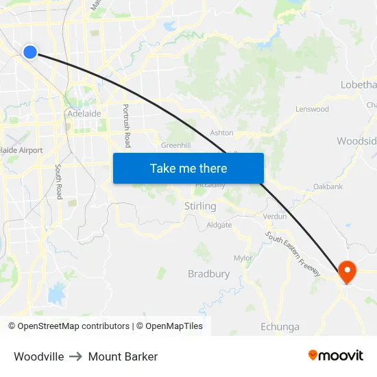 Woodville to Mount Barker map