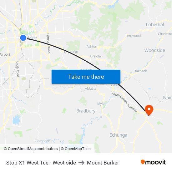 Stop X1 West Tce - West side to Mount Barker map