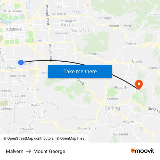 Malvern to Mount George map