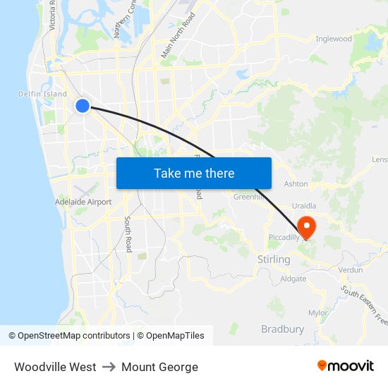 Woodville West to Mount George map