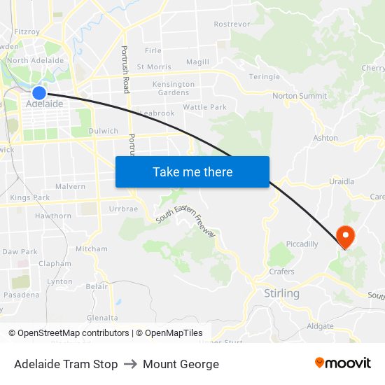 Adelaide Tram Stop to Mount George map